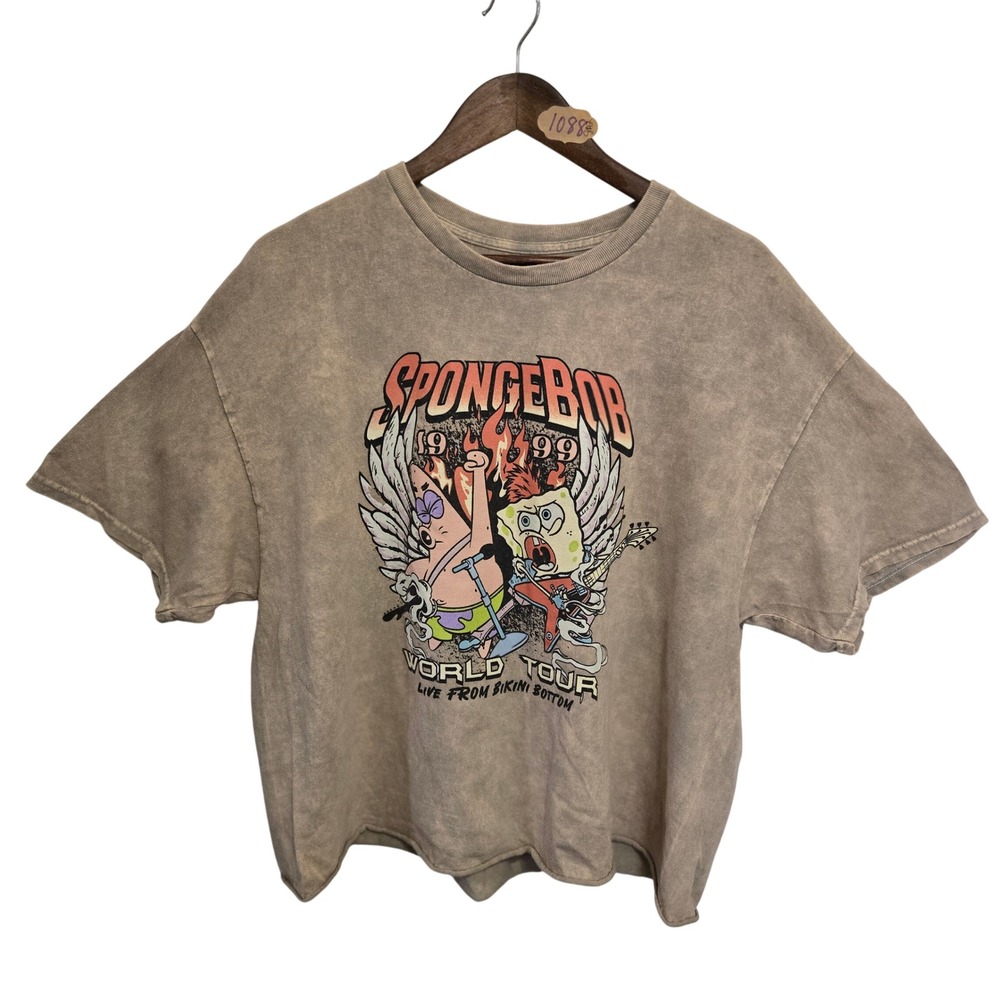SpongeBob SquarePants World Tour Rock Graphic T-Shirt Acid Wash Brown XL